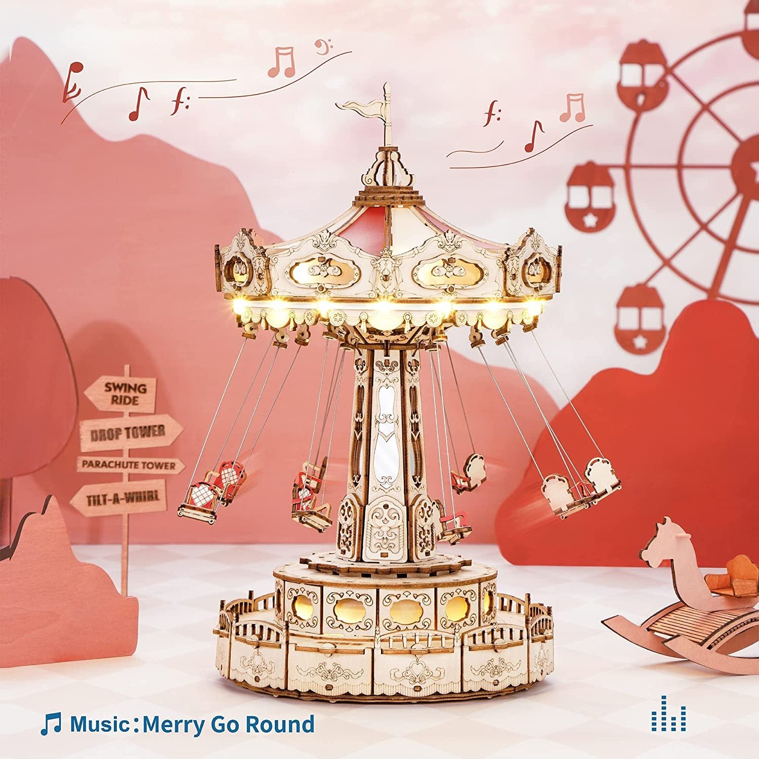 Robotime Rokr Magic Amusement Park Schaukel 3D Holzpuzzles Bausatz DIY Spieluhr Drehbarer Bausatz