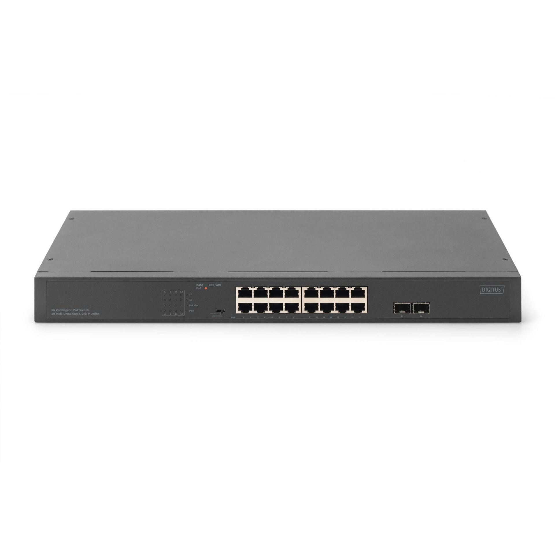 DIGITUS Switch 16-Port Gigabit Netzwerkswitch, 19 Zoll, unmanaged, 2 Uplink Ports, SFP