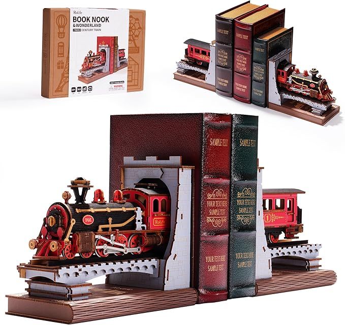 ROBOTIME Book Nook Buchstützen-Sets Century Train DIY Booknook 3D Holzpuzzle-Modellbausatz Buchstütze Bücherregal Dekoration Geschenke für Erwachsene Kinder Jugendliche