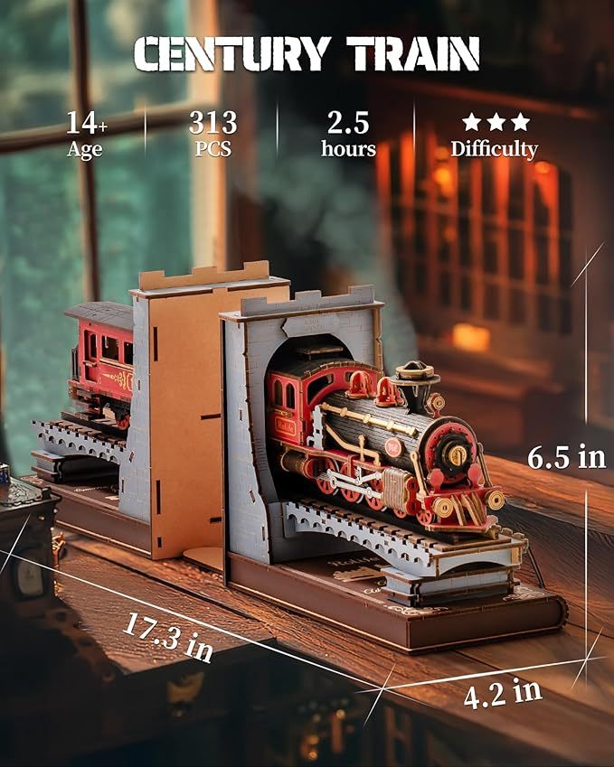 ROBOTIME Book Nook Buchstützen-Sets Century Train DIY Booknook 3D Holzpuzzle-Modellbausatz Buchstütze Bücherregal Dekoration Geschenke für Erwachsene Kinder Jugendliche